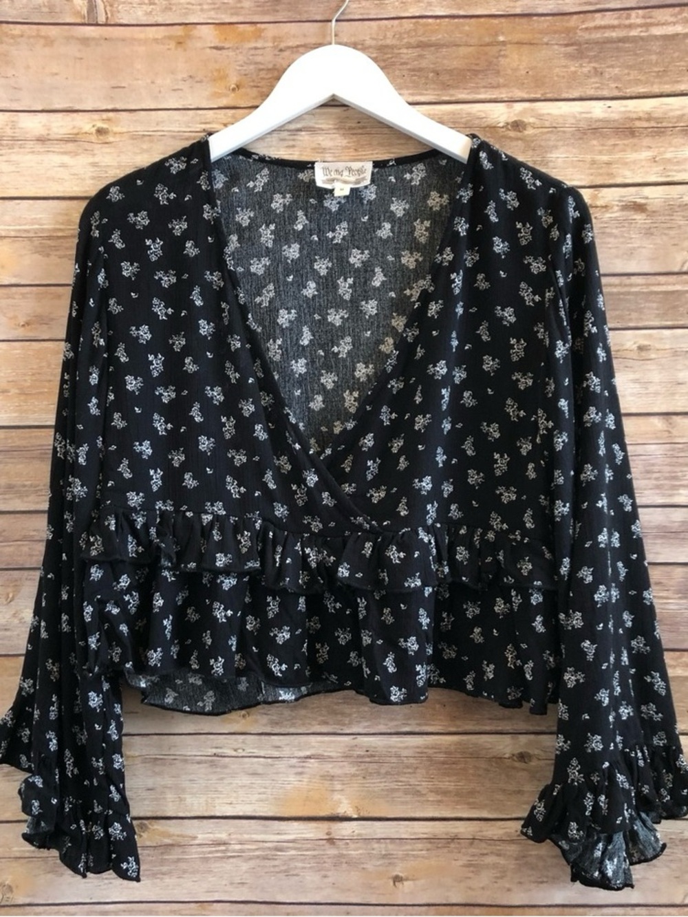 Free People Black Floral Ruffle Wrap Blouse